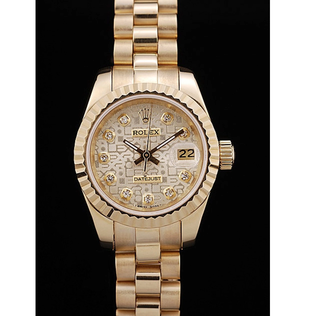 Aaa replica watch Pattern Gold DateJust Ribbed Dial Rolex Gold Bezel 0729